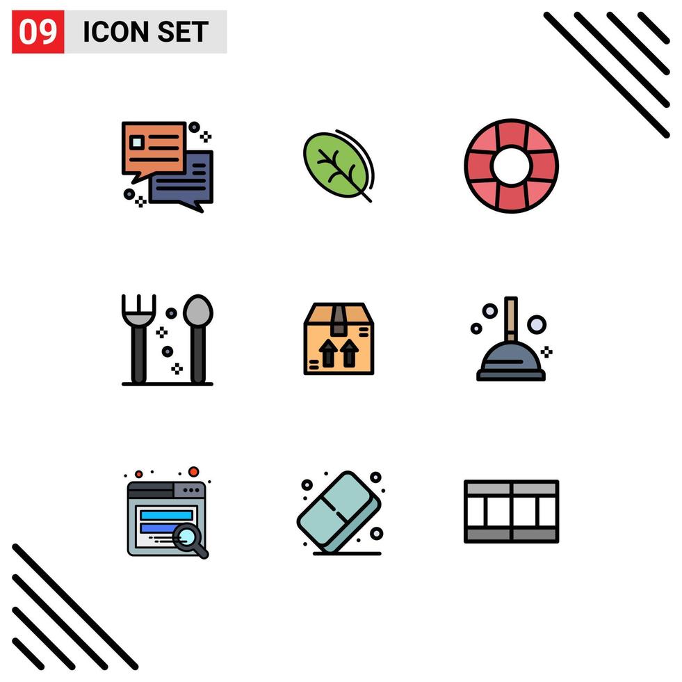 9 Thematic Vector Filledline Flat Colors and Editable Symbols of plunger cleaning lifebuoy package box Editable Vector Design Elements