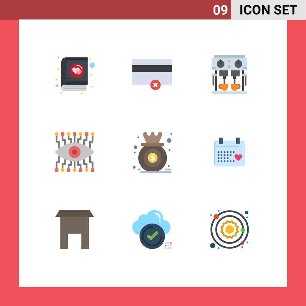 Pictogram Set of 9 Simple Flat Colors of graph chart kitchen analysis watch Editable Vector Design Elements