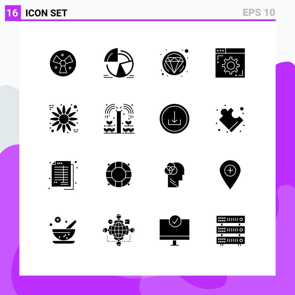 Pack of 16 creative Solid Glyphs of sunflower webpage pie chart setting browser Editable Vector Design Elements