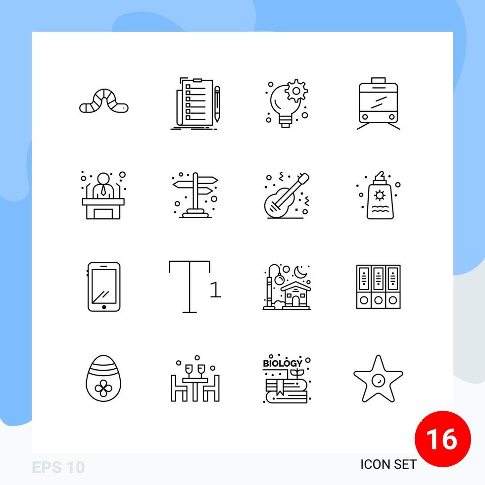 16 Universal Outlines Set for Web and Mobile Applications worker applicant document transport gear Editable Vector Design Elements