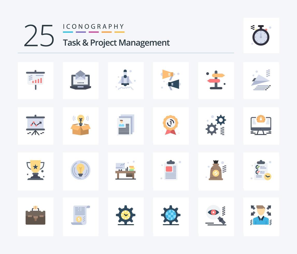 Task And Project Management 25 Flat Color icon pack including airplane. navigation. rocket. direction. speaker vector