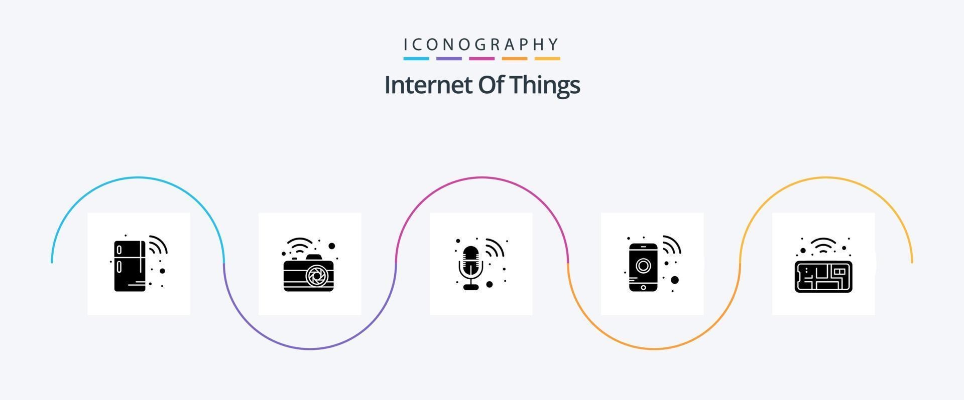 Internet Of Things Glyph 5 Icon Pack Including mobile. wifi. audio. smart phone. mobile vector