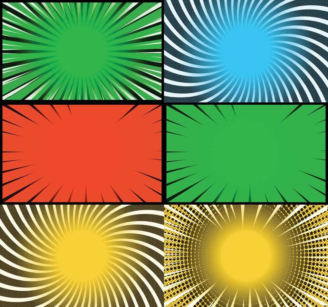 Comic book colorful frames background with halftone rays radial and dotted effects pop art style vector