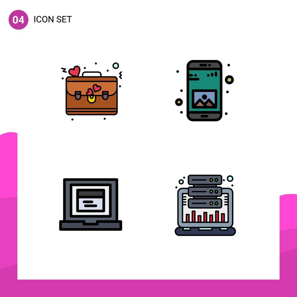 Mobile Interface Filledline Flat Color Set of 4 Pictograms of bag laptop love gallery analysis Editable Vector Design Elements