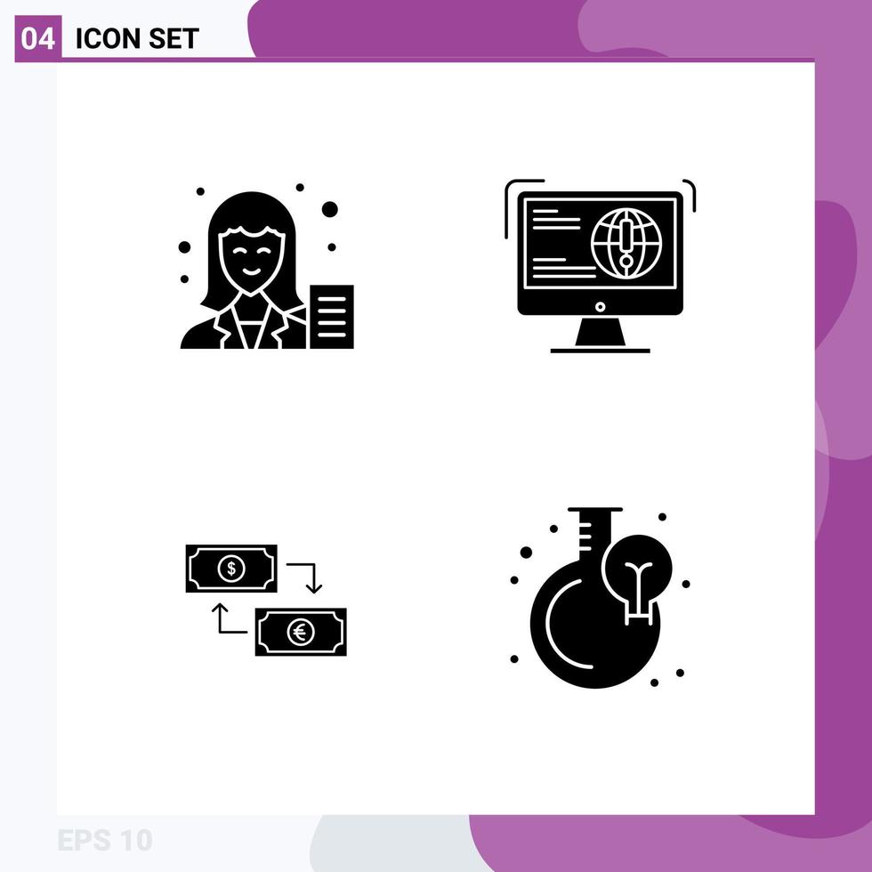 Pack of 4 Modern Solid Glyphs Signs and Symbols for Web Print Media such as blog web female content business Editable Vector Design Elements