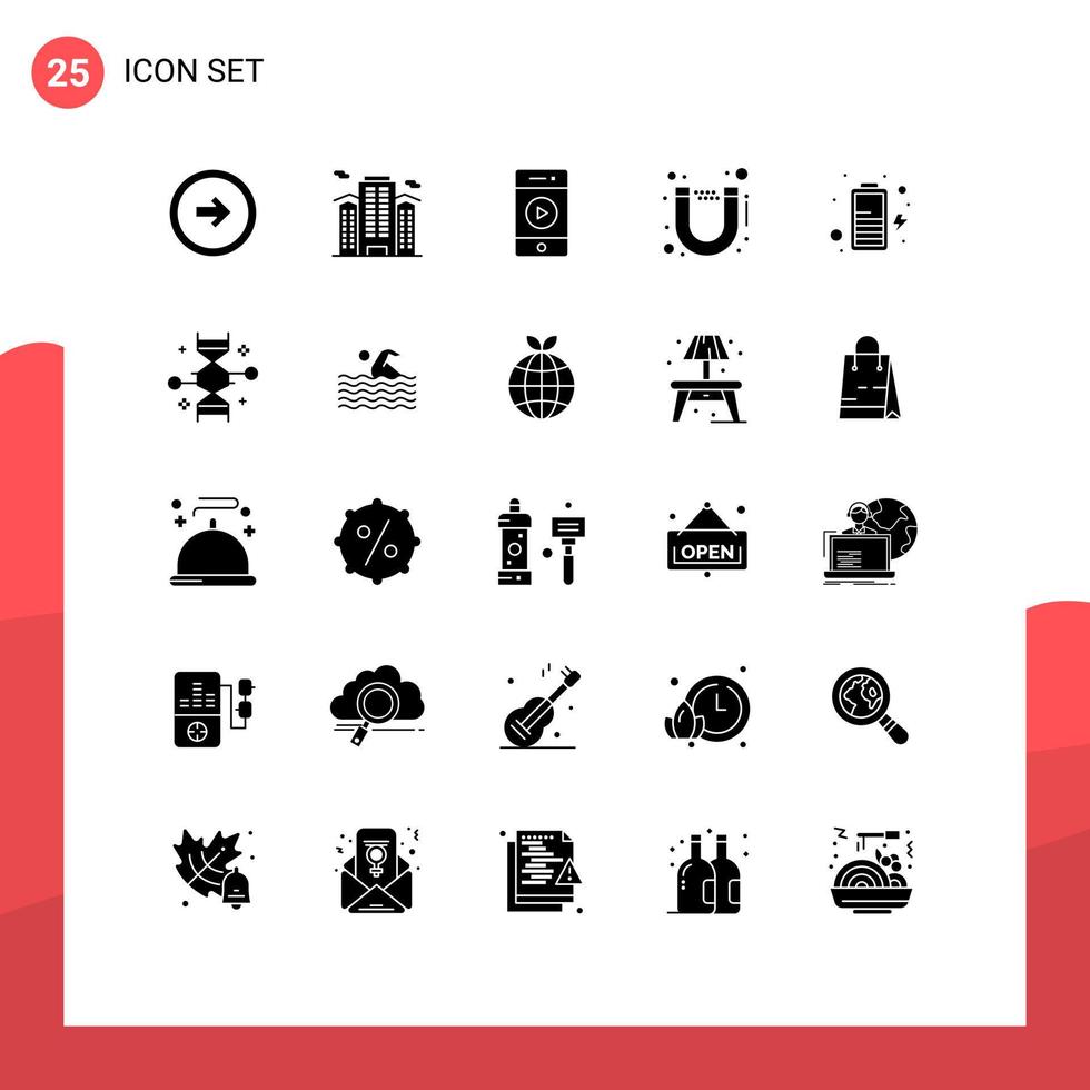 Mobile Interface Solid Glyph Set of 25 Pictograms of battery streamline work magnet sound Editable Vector Design Elements