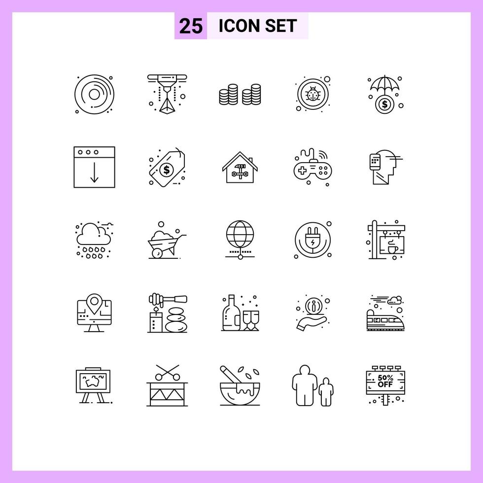 Mobile Interface Line Set of 25 Pictograms of download protection money investment virus Editable Vector Design Elements