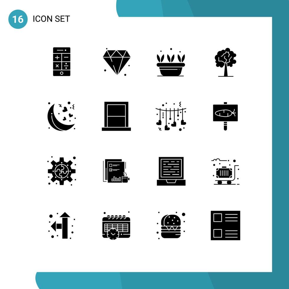 Pack of 16 Modern Solid Glyphs Signs and Symbols for Web Print Media such as appliances night leaf moon plant Editable Vector Design Elements