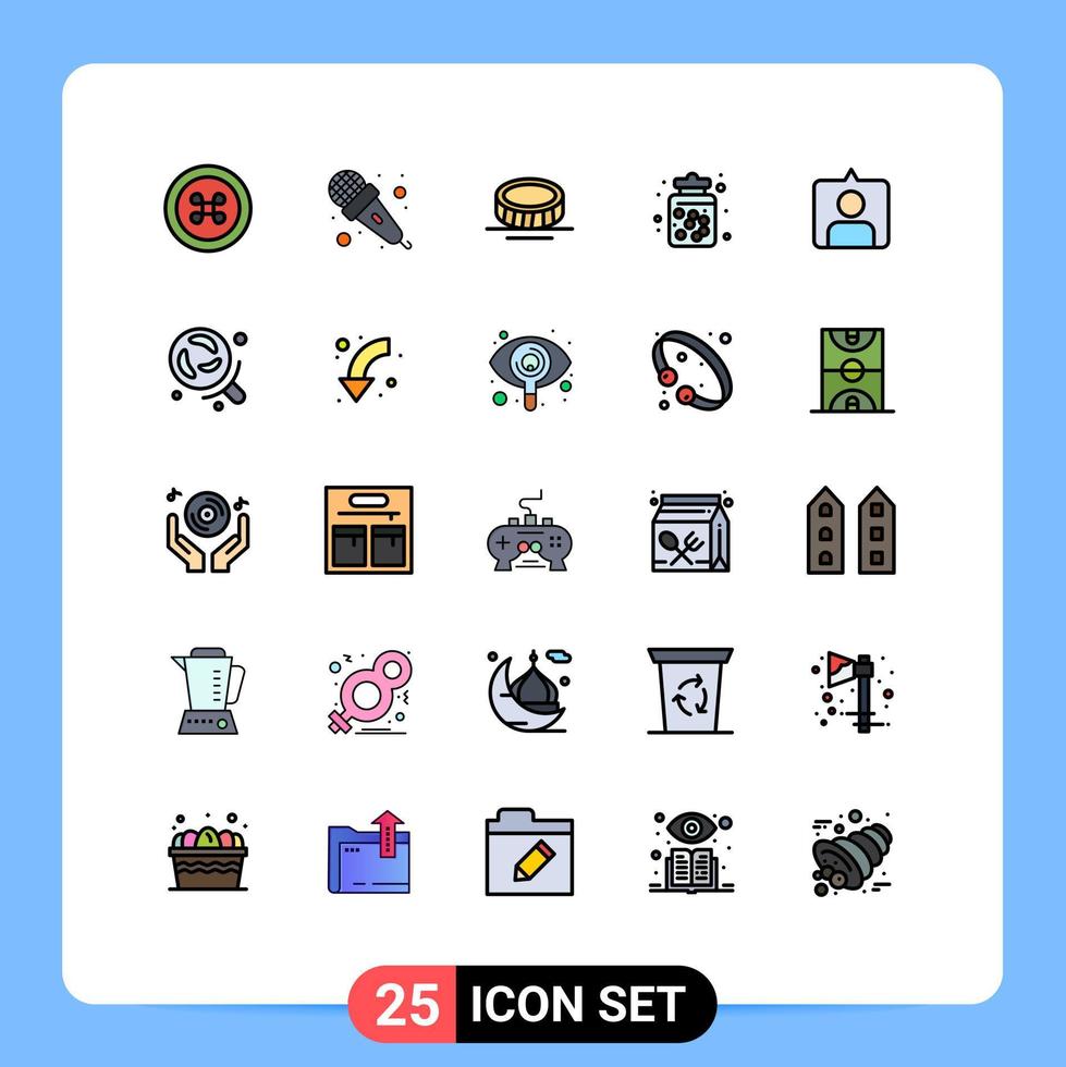 25 Thematic Vector Filled line Flat Colors and Editable Symbols of sets contac coin sweets dessert Editable Vector Design Elements