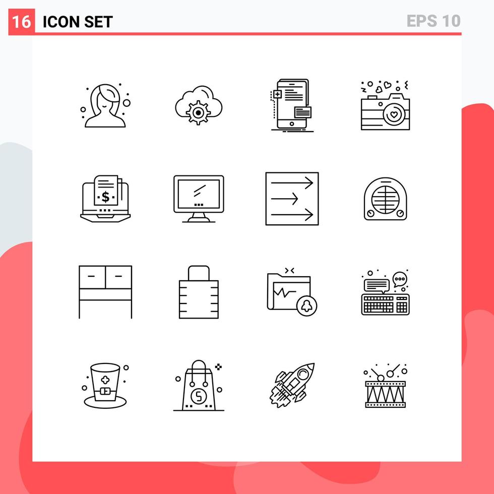 Stock Vector Icon Pack of 16 Line Signs and Symbols for subscription photography frontend love developer Editable Vector Design Elements