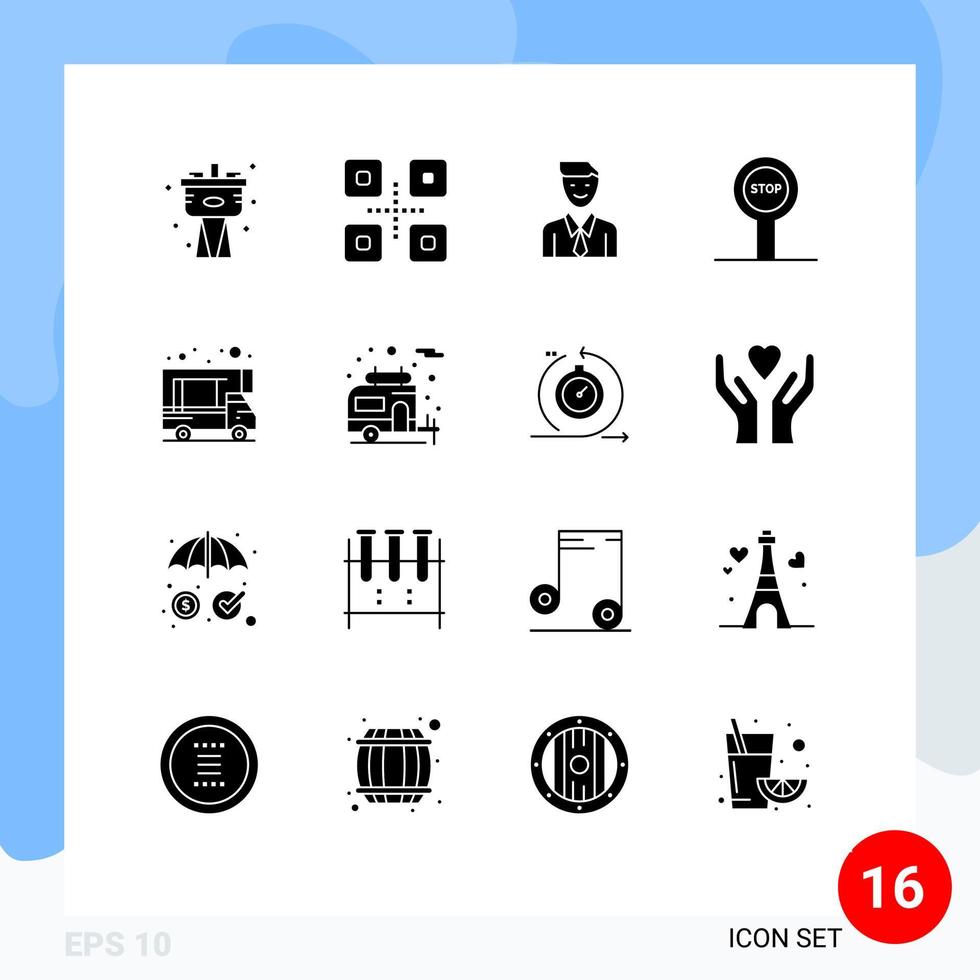 16 User Interface Solid Glyph Pack of modern Signs and Symbols of caravan journey business stop selection Editable Vector Design Elements