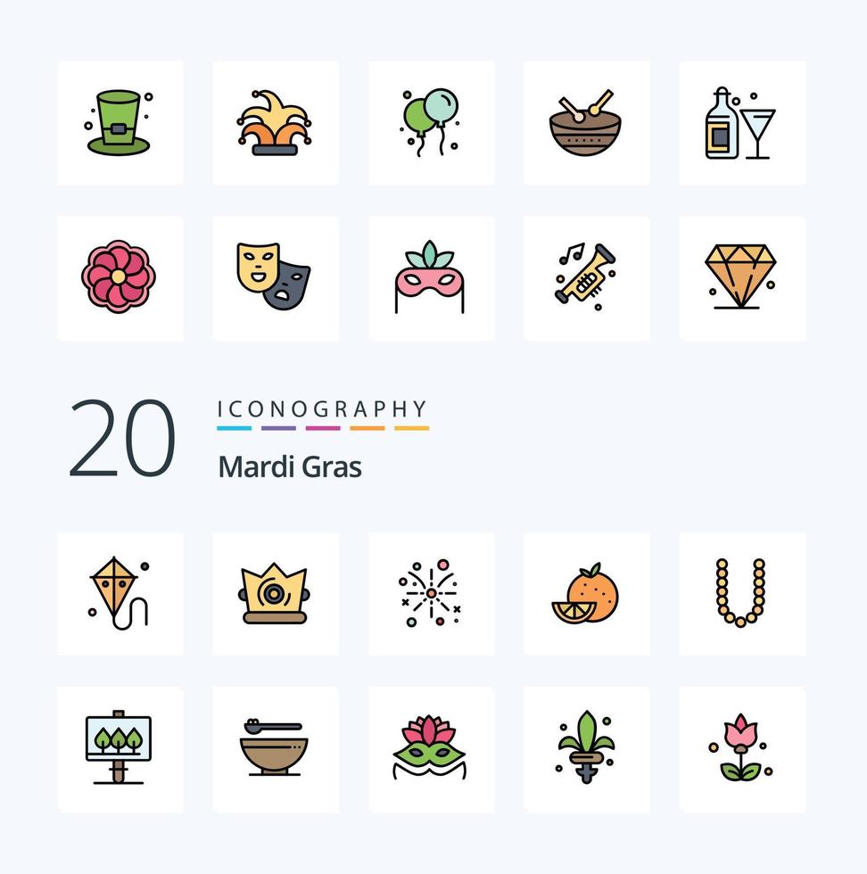 20 línea de mardi gras llena de paquete de iconos de color como vacaciones de comida mejor trabajo de fuego de pascua vector