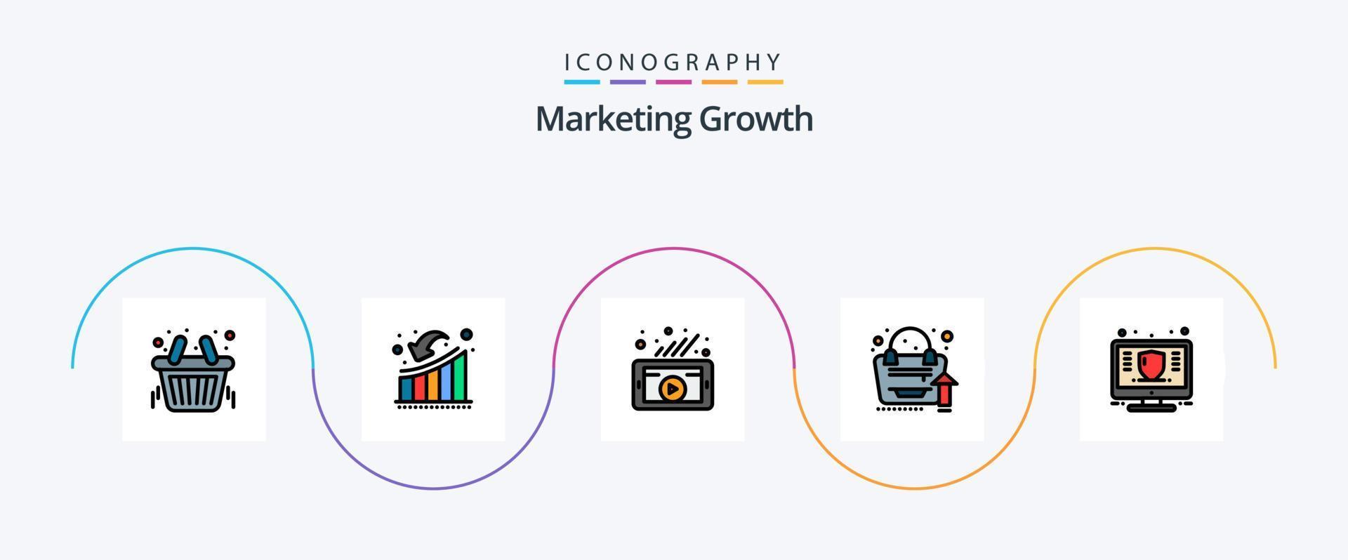 la línea de crecimiento de marketing llenó el paquete de iconos planos 5 que incluye finanzas. bolso. pérdida. analítica. red social vector