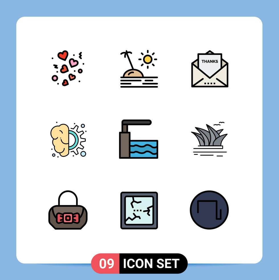 Mobile Interface Filledline Flat Color Set of 9 Pictograms of process design vacation brain thanks Editable Vector Design Elements