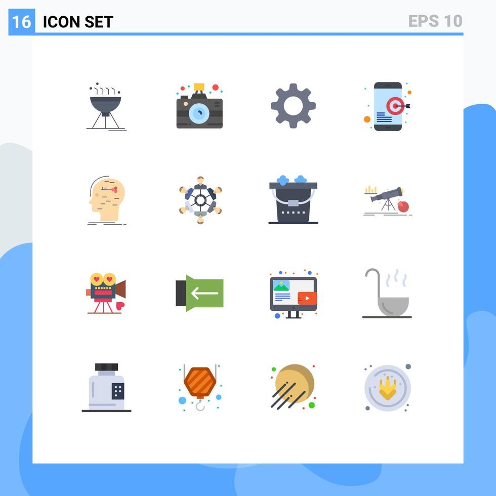 Modern Set of 16 Flat Colors Pictograph of hacking brain cog mobile seo Editable Pack of Creative Vector Design Elements