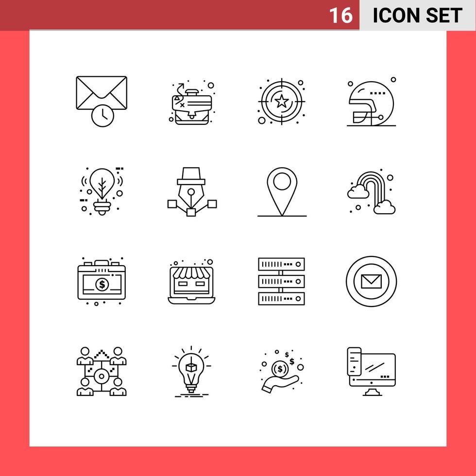 16 User Interface Outline Pack of modern Signs and Symbols of light bulb service sports helmet Editable Vector Design Elements