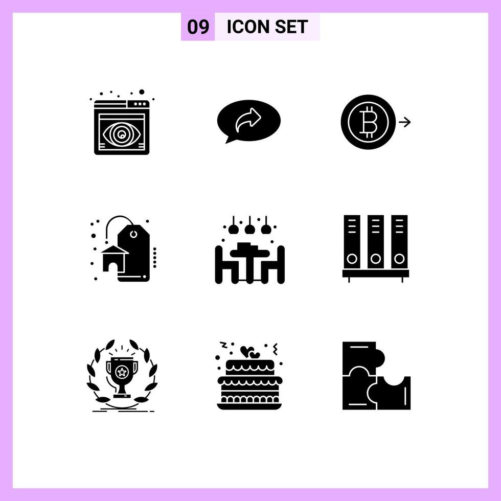 símbolos de iconos universales grupo de 9 glifos sólidos modernos de elementos de diseño vectorial editables de bienes raíces en el hogar de bitcoin de la cena vector