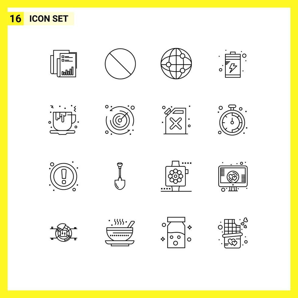 Set of 16 Vector Outlines on Grid for coffee charge forbidden battery globe Editable Vector Design Elements