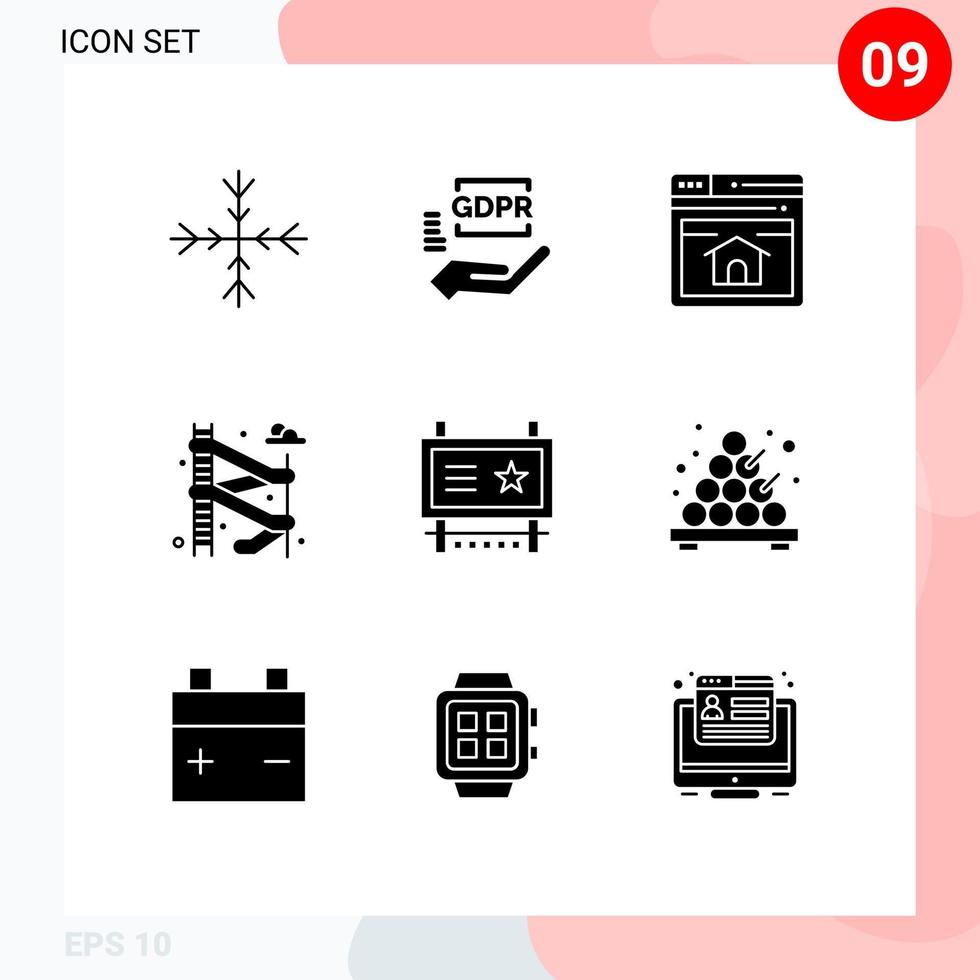 9 Thematic Vector Solid Glyphs and Editable Symbols of promotion advertising web ad board water Editable Vector Design Elements