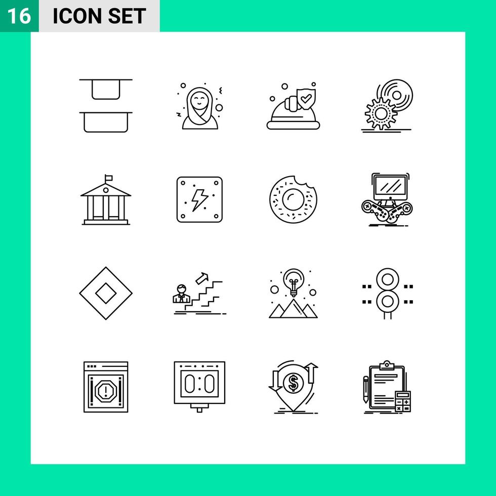 paquete de 16 signos y símbolos de contornos modernos para medios de impresión web, como DVD de seguridad de banco de dinero, instalación de elementos de diseño de vectores editables