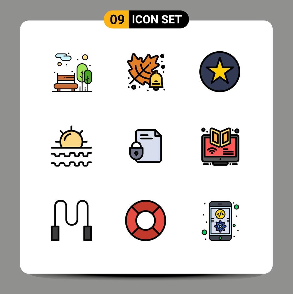 Mobile Interface Filledline Flat Color Set of 9 Pictograms of lock file multimedia vacation sun Editable Vector Design Elements