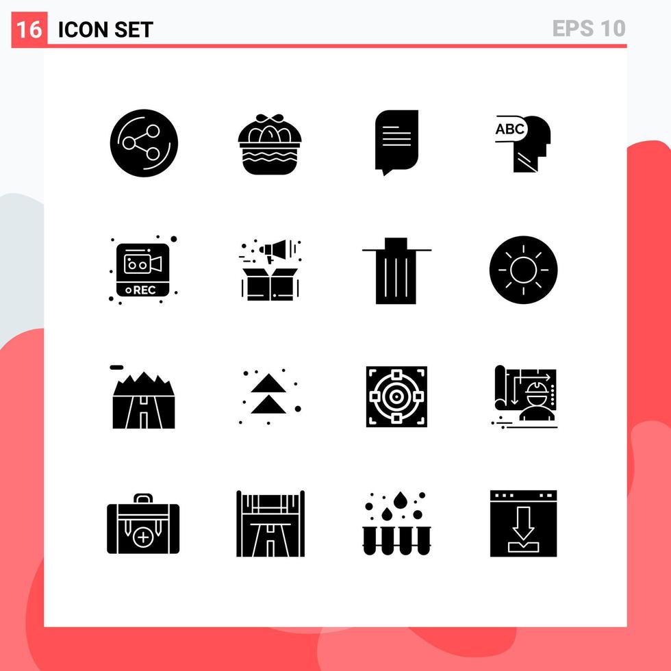 Mobile Interface Solid Glyph Set of 16 Pictograms of product management conversation video record Editable Vector Design Elements
