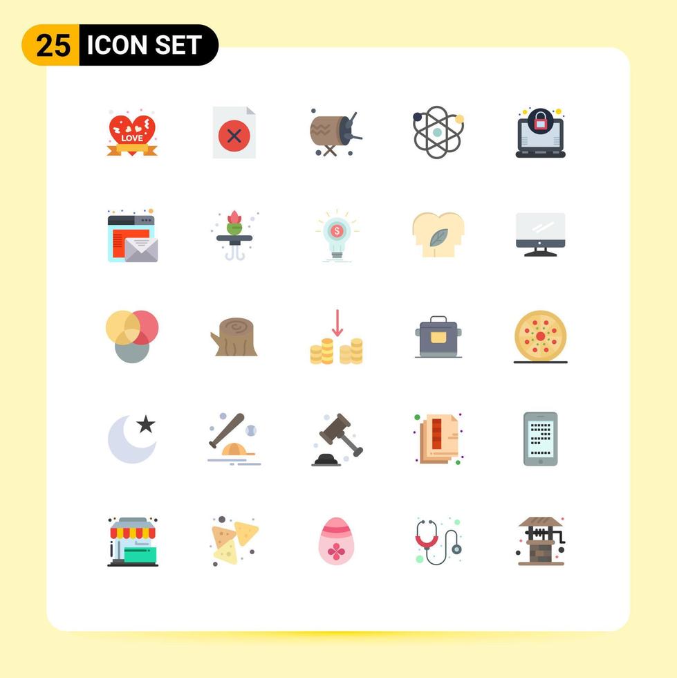 User Interface Pack of 25 Basic Flat Colors of lock encryption baraban science biology Editable Vector Design Elements