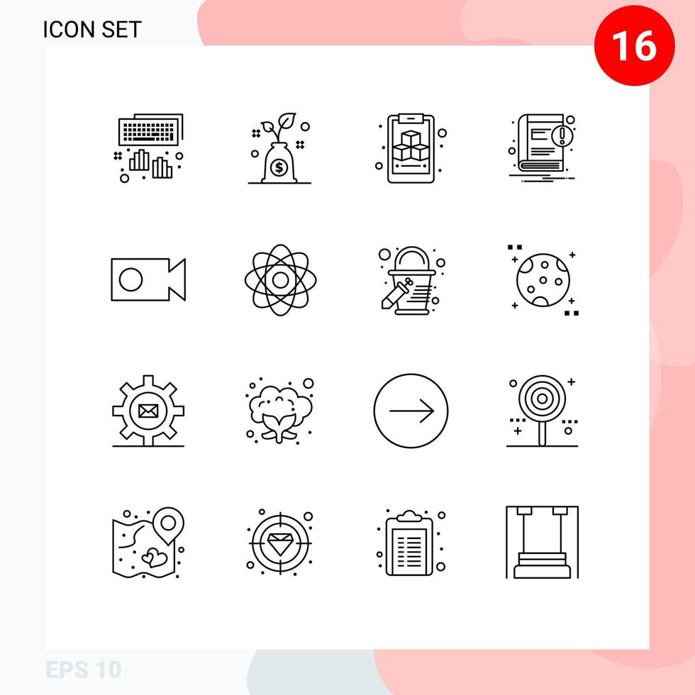 Set of 16 Modern UI Icons Symbols Signs for atom record cube cam notice Editable Vector Design Elements