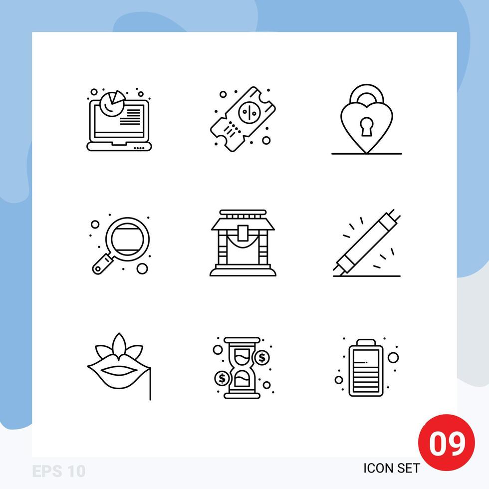 Pack of 9 Modern Outlines Signs and Symbols for Web Print Media such as china door love study research Editable Vector Design Elements