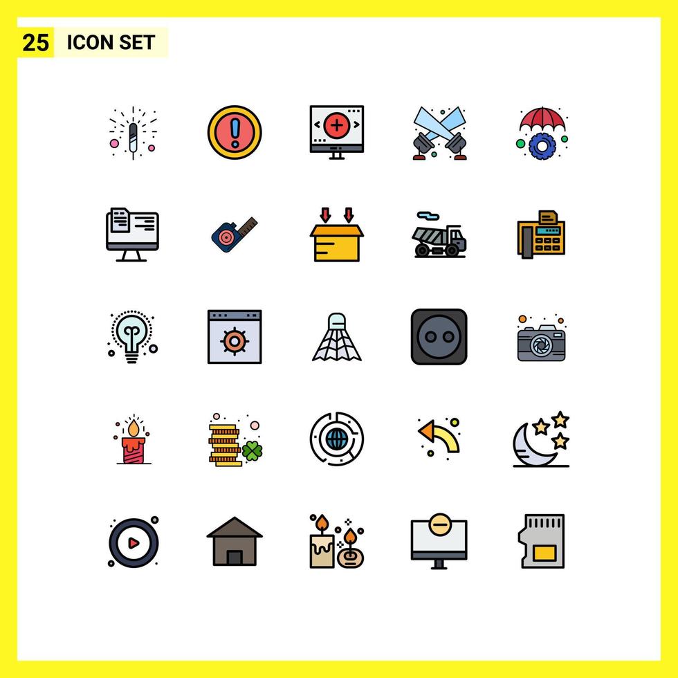Mobile Interface Filled line Flat Color Set of 25 Pictograms of insurance spotlight computer floodlight search Editable Vector Design Elements