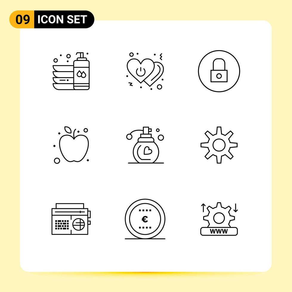 Pictogram Set of 9 Simple Outlines of perfume fruit power apple media player Editable Vector Design Elements