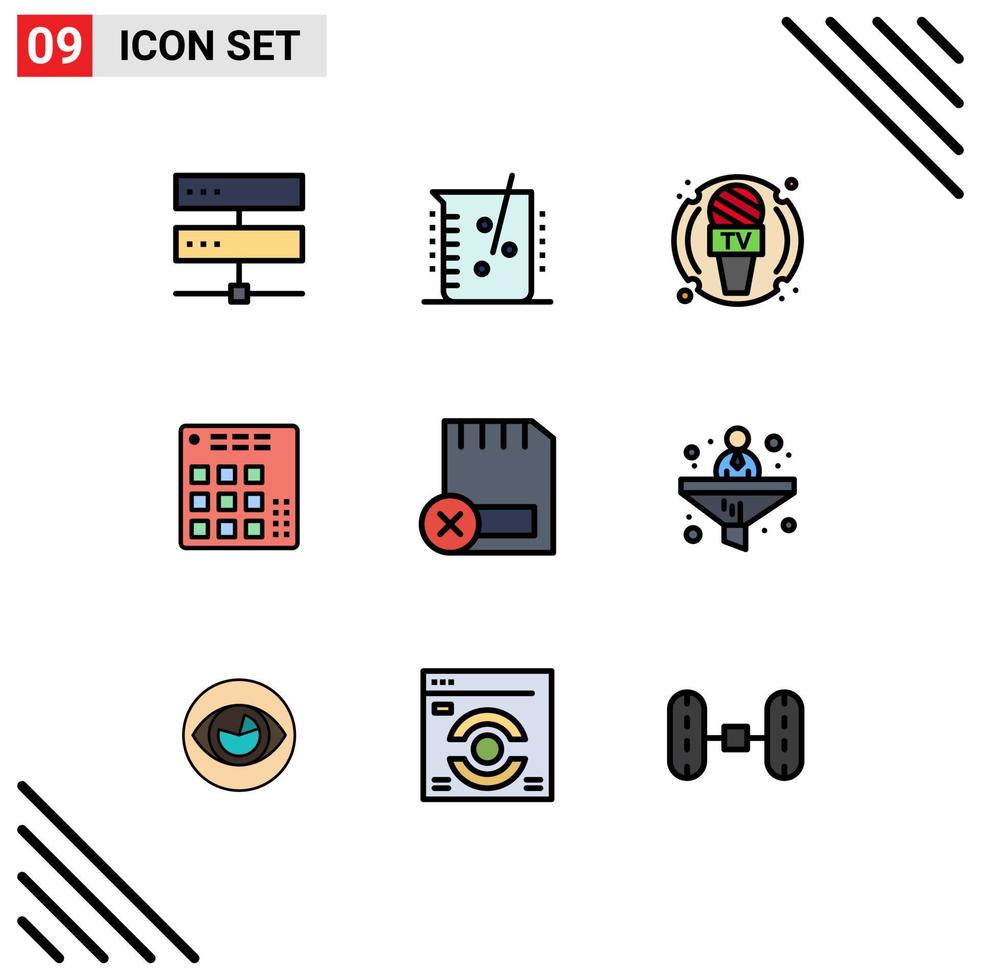 Pictogram Set of 9 Simple Filledline Flat Colors of live controller chemical lab audio microphone Editable Vector Design Elements