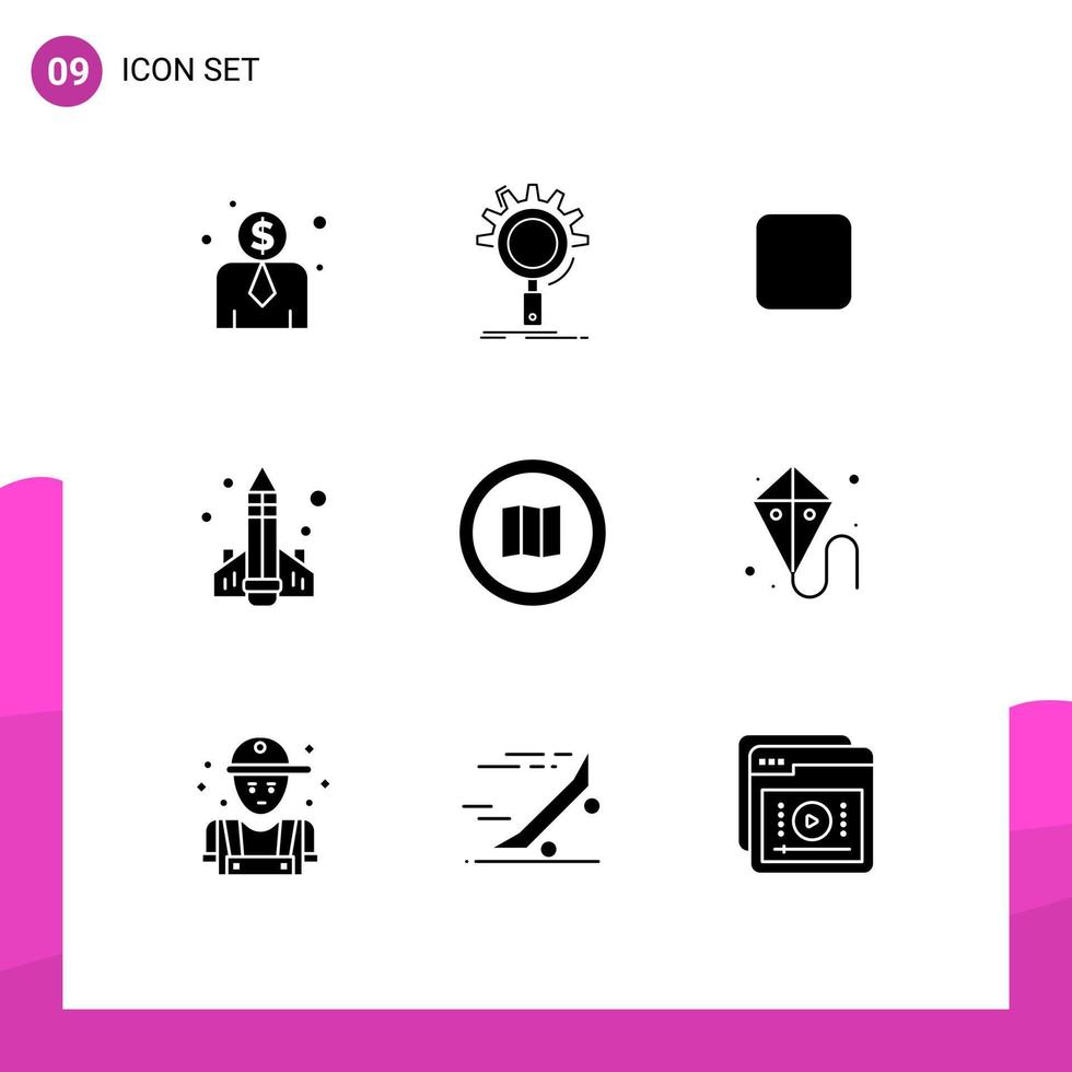 User Interface Pack of 9 Basic Solid Glyphs of map find check box rocket knowledge Editable Vector Design Elements