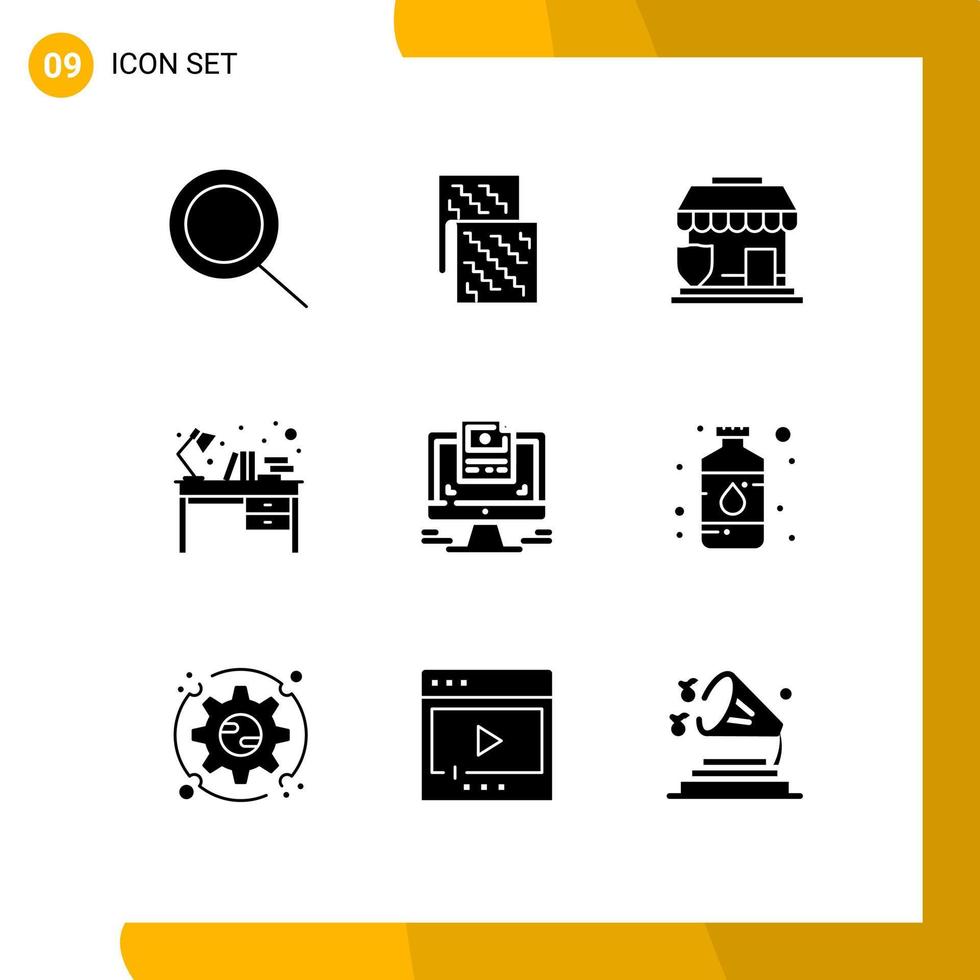 Pictogram Set of 9 Simple Solid Glyphs of computer study table protection table desk Editable Vector Design Elements