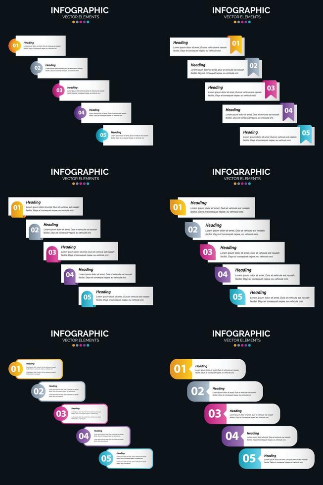 Vector 6 Infographics Pack Presentation slide template 5 Steps cycle diagrams and timelines