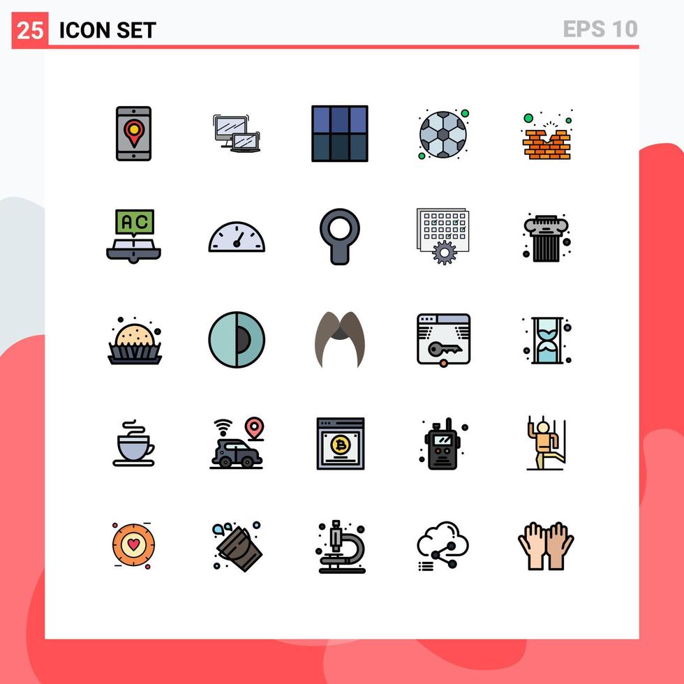 Pack of 25 Modern Filled line Flat Colors Signs and Symbols for Web Print Media such as firewall brick technology game football Editable Vector Design Elements