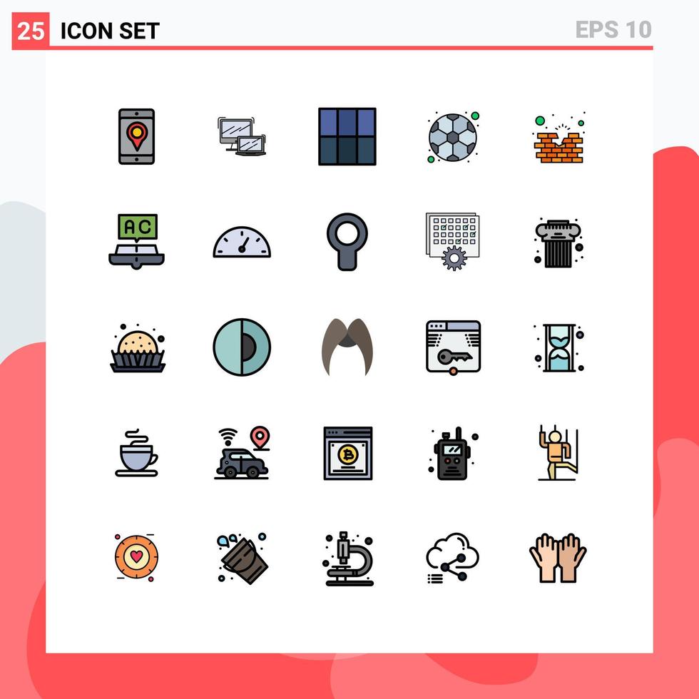 paquete de 25 modernos signos y símbolos de colores planos de línea rellena para medios de impresión web, como elementos de diseño de vectores editables de fútbol de juego de tecnología de ladrillo de cortafuegos