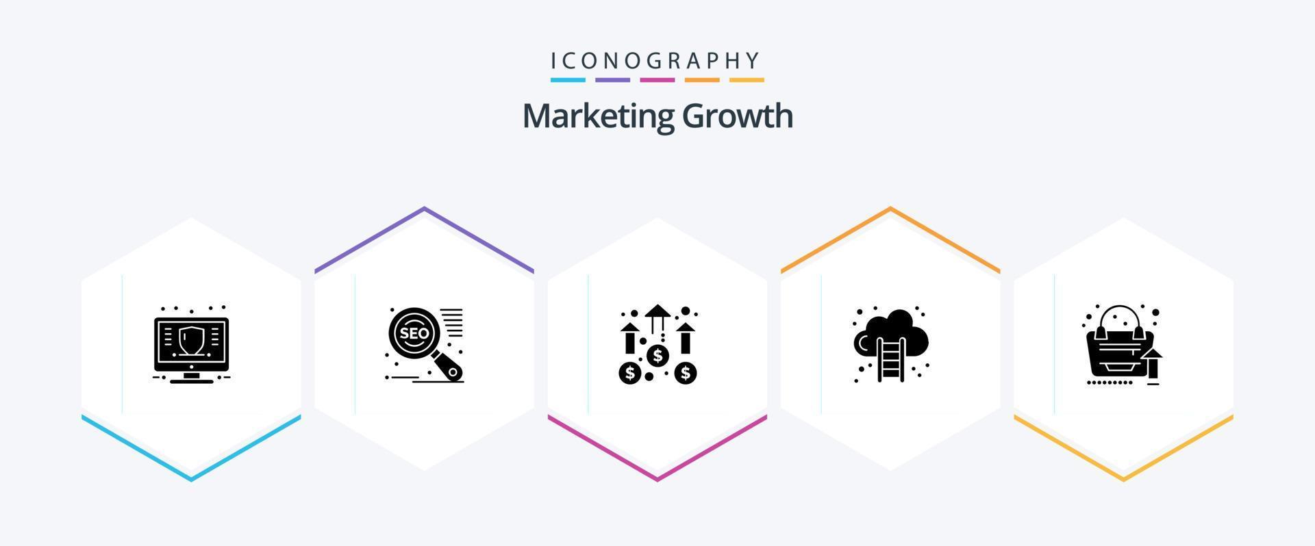 paquete de iconos de 25 glifos de crecimiento de marketing que incluye crecer. crecimiento. logro. Finanzas. misión vector