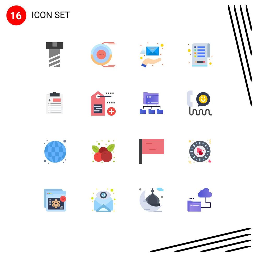 Pack of 16 Modern Flat Colors Signs and Symbols for Web Print Media such as medicine clipboard envelope medical clipboard Editable Pack of Creative Vector Design Elements