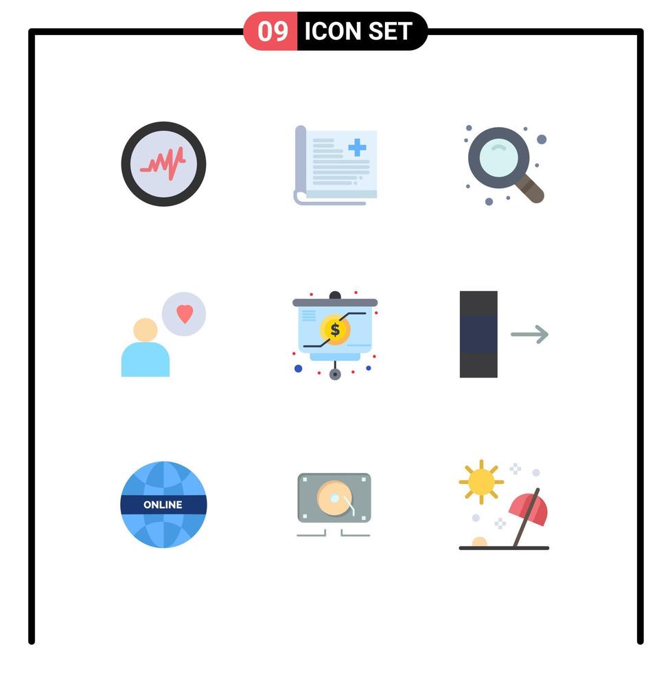 Universal Icon Symbols Group of 9 Modern Flat Colors of column chart research strategy heart Editable Vector Design Elements