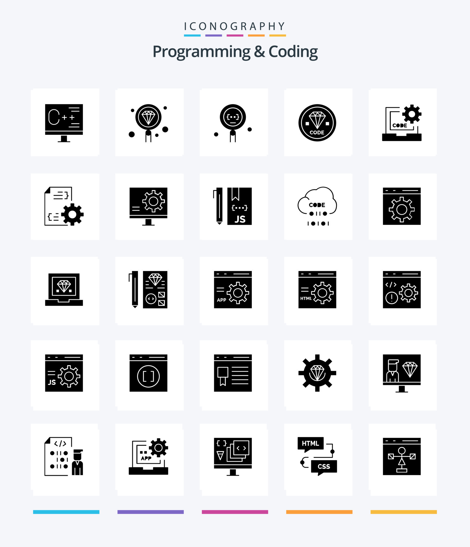 programación creativa y codificación paquete de iconos negros sólidos ...