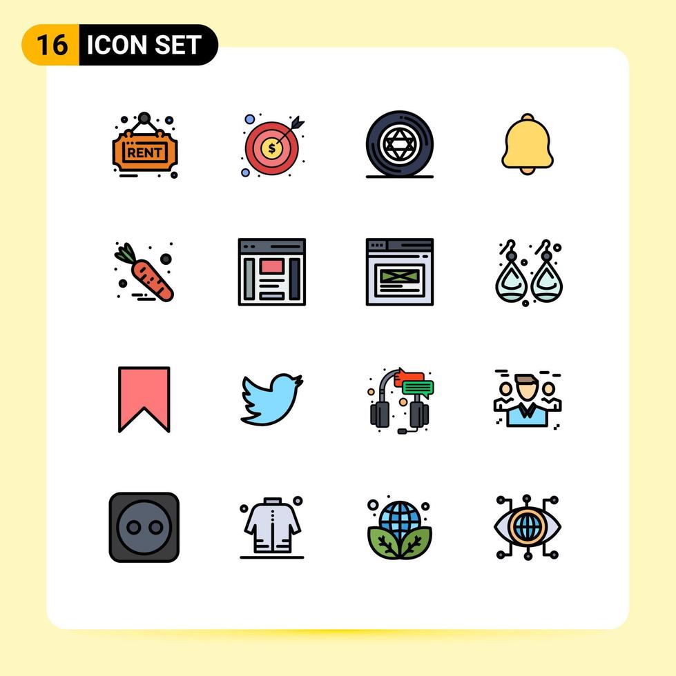 16 User Interface Flat Color Filled Line Pack of modern Signs and Symbols of carrot notification money bell star Editable Creative Vector Design Elements