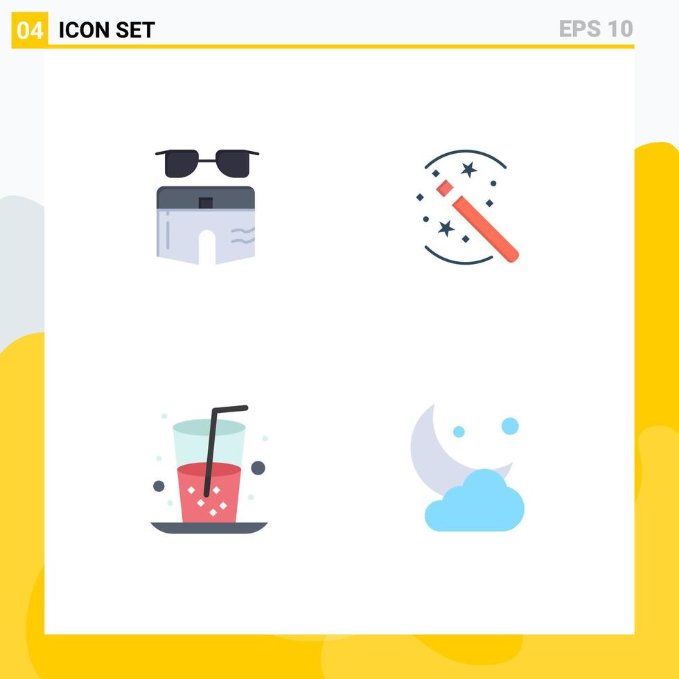 Pack of 4 creative Flat Icons of swimsuite beverage beach solution food Editable Vector Design Elements