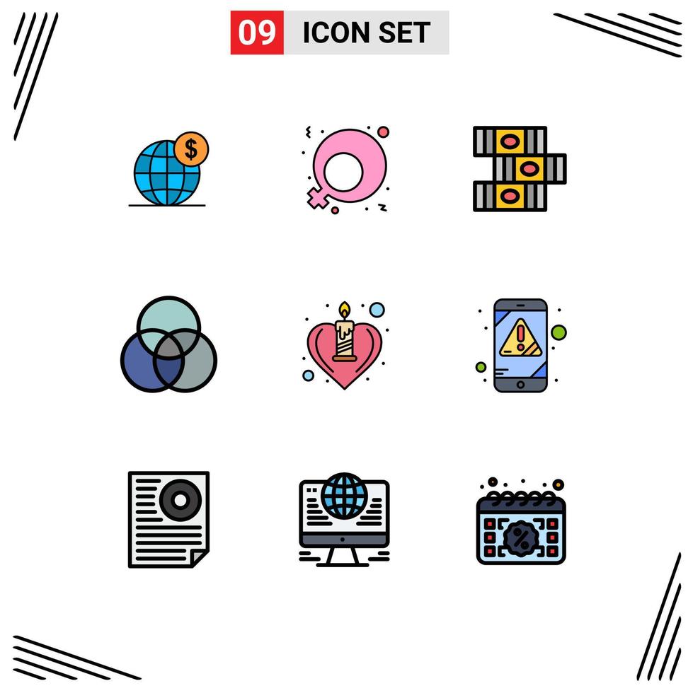 Group of 9 Modern Filledline Flat Colors Set for romance heart books candle color Editable Vector Design Elements