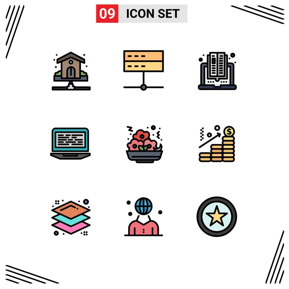 Group of 9 Modern Filledline Flat Colors Set for screen coding server laptop online Editable Vector Design Elements