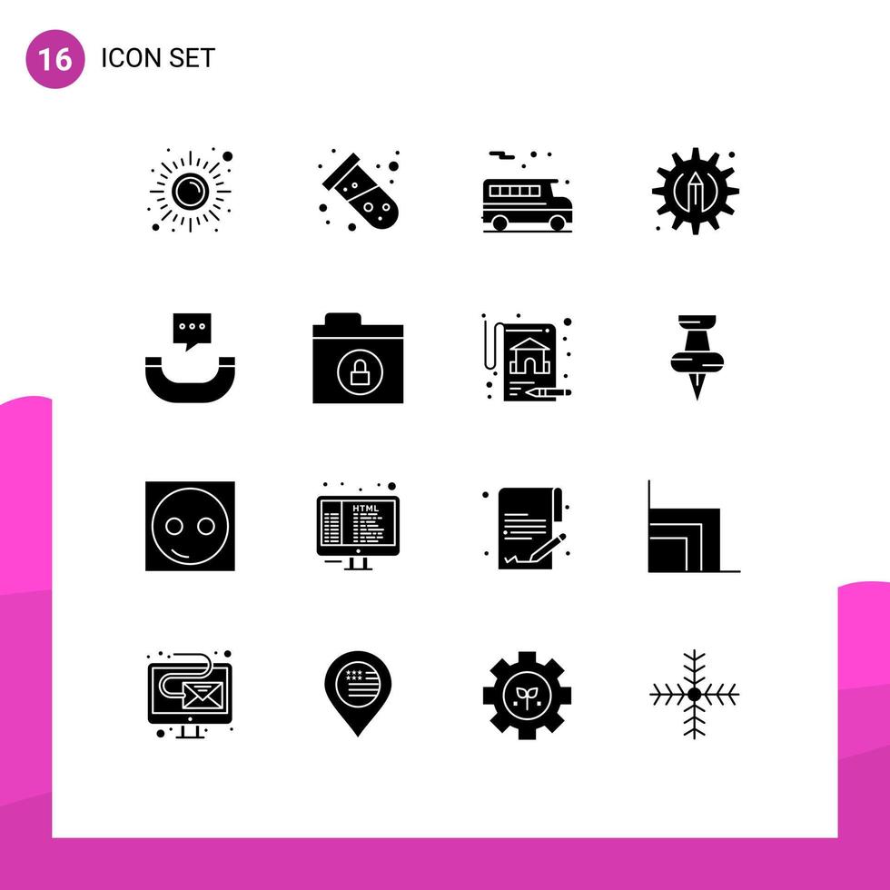 Pack of 16 Modern Solid Glyphs Signs and Symbols for Web Print Media such as sms message atom pencil creative Editable Vector Design Elements