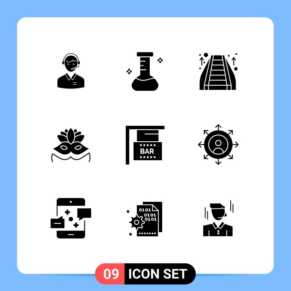 Mobile Interface Solid Glyph Set of 9 Pictograms of bar sign costume mask flask carnival mask staircase Editable Vector Design Elements