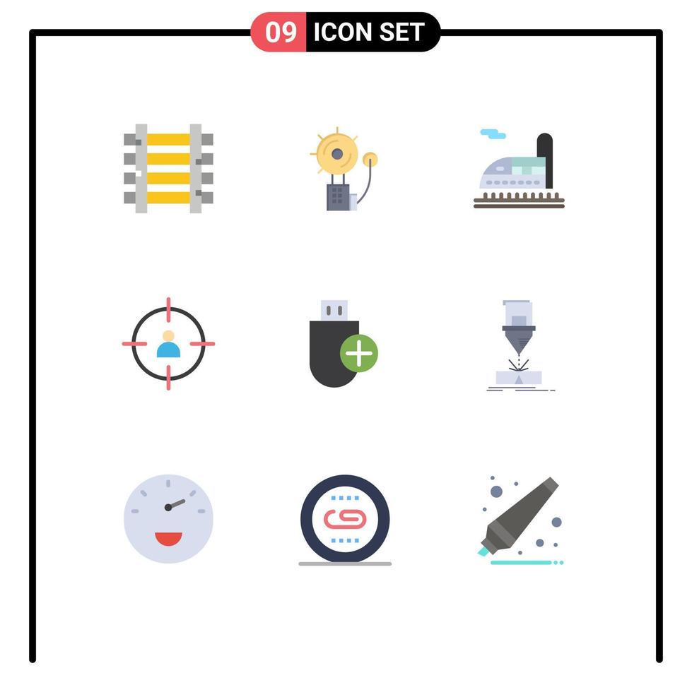 User Interface Pack of 9 Basic Flat Colors of computers target intruder management business Editable Vector Design Elements