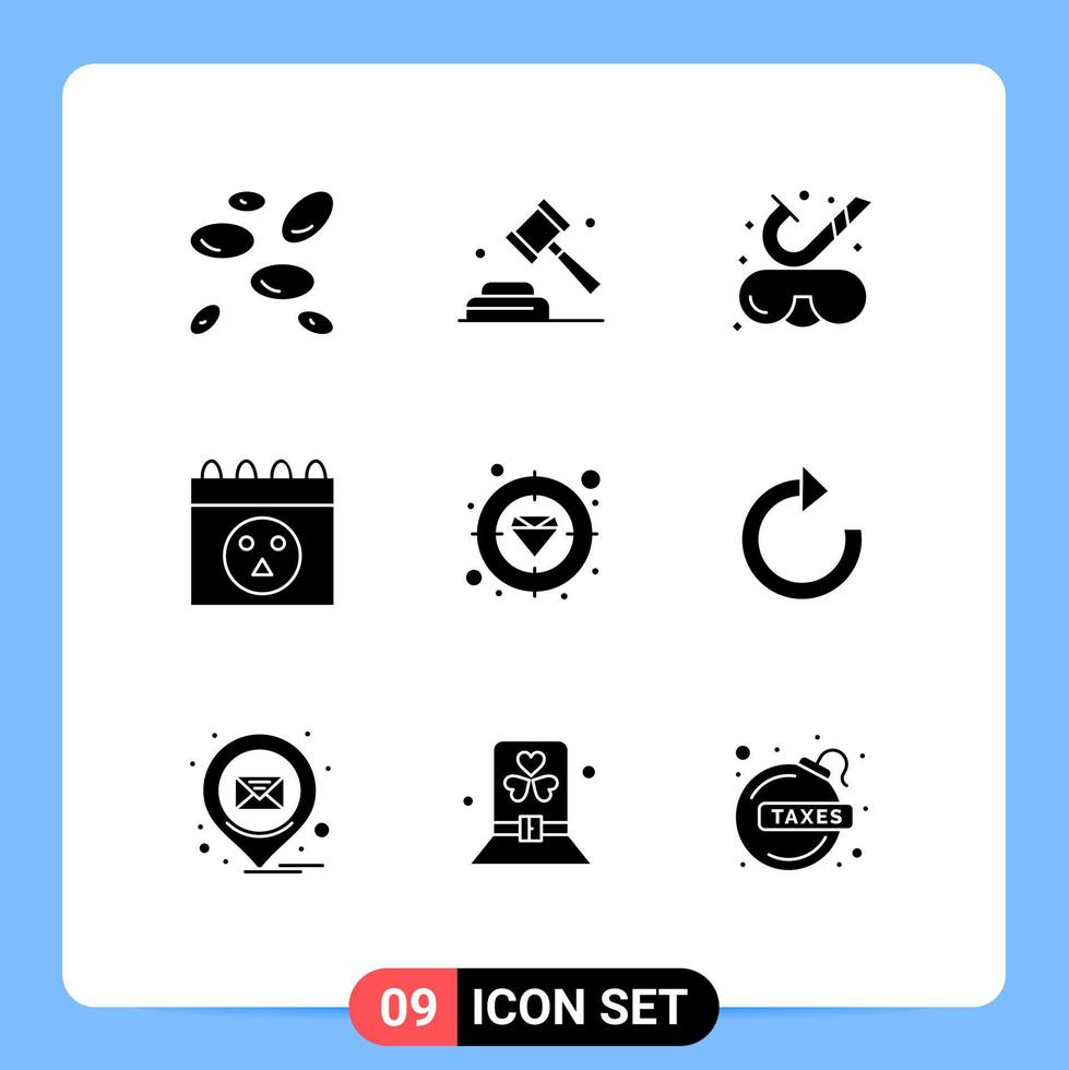 Set of 9 Vector Solid Glyphs on Grid for focus diamond beach skull calendar Editable Vector Design Elements