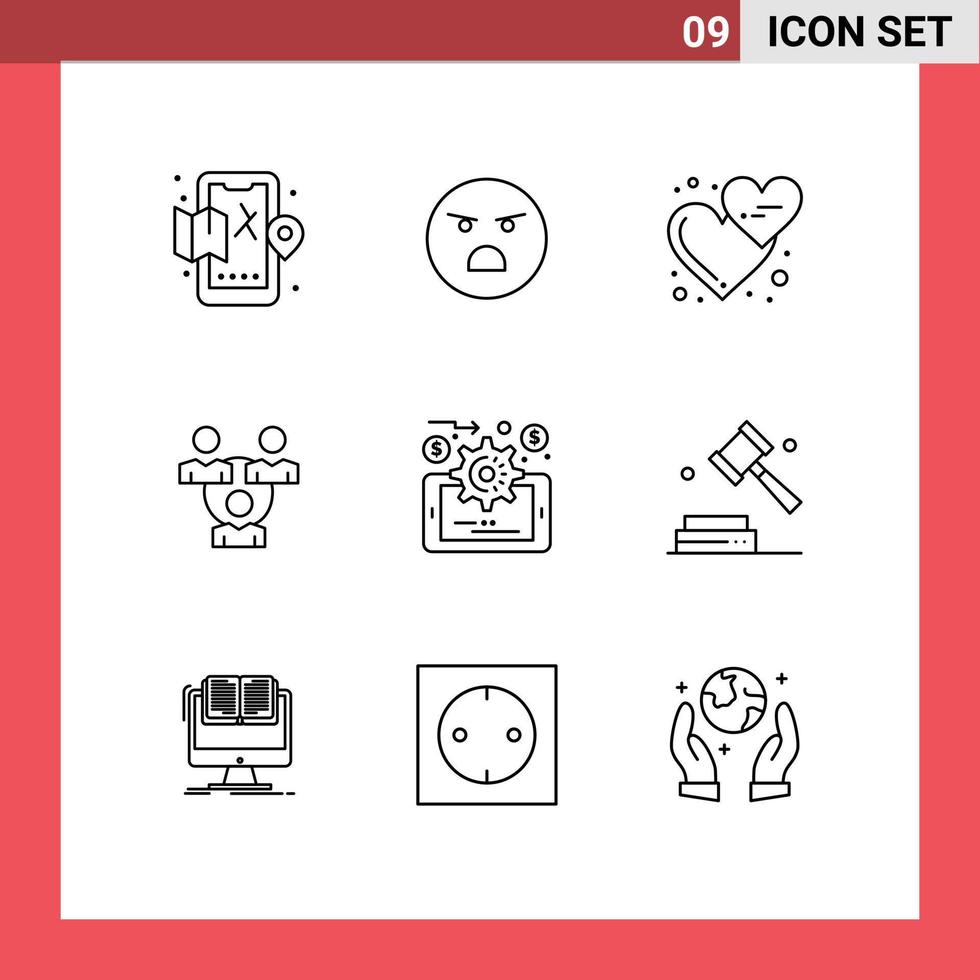 Mobile Interface Outline Set of 9 Pictograms of analytics office affection meeting love hearts Editable Vector Design Elements